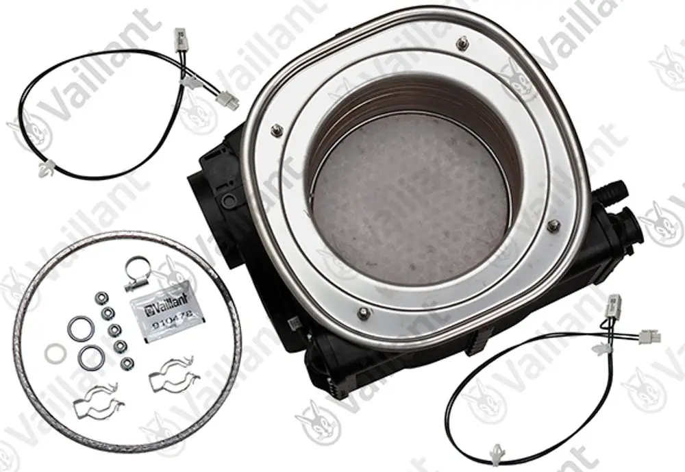 Vaillant Wärmetauscher mit Gasket, Dichtungen und Anschlusskabeln. Teile sind angeordnet und bereit zur Installation oder zum Austausch.
